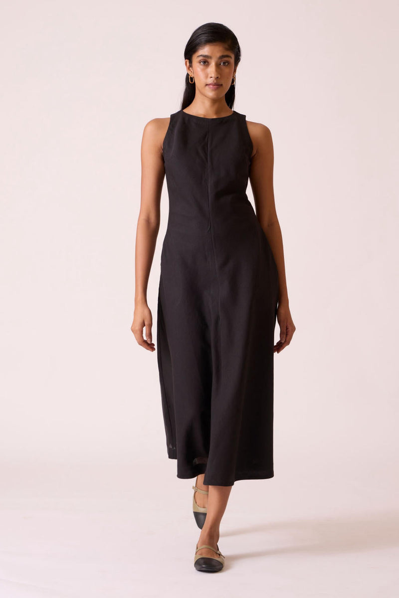 Naomi Black Linen Cotton Dress cotton by The Summer House in black color for women Worldwide