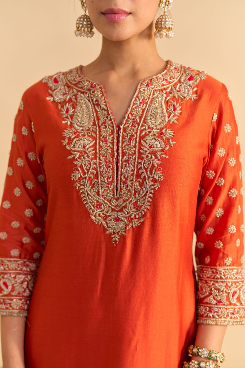 Naseha Burnt orange Dabka Zardozi Embroidered Short kurta Set by SHEETAL BATRA in orange color for women Worldwide