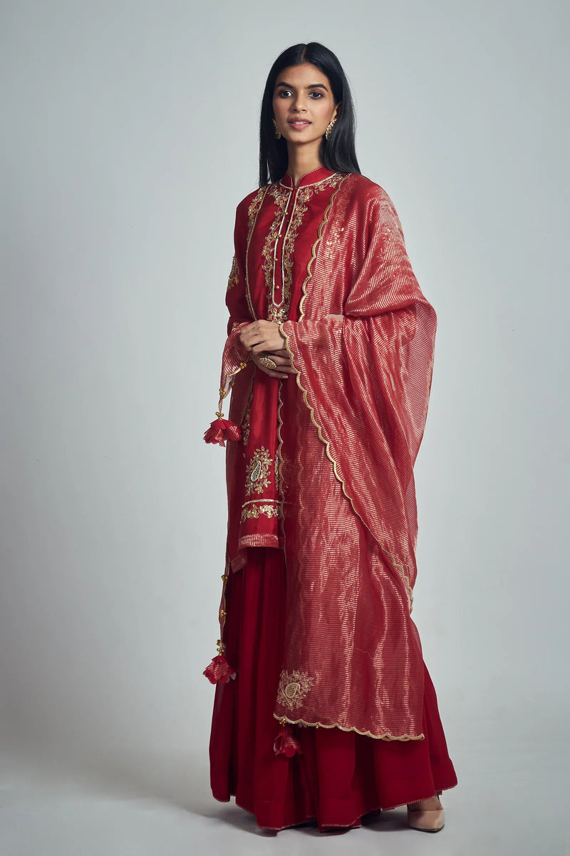 Nasira Short Kurta with Salwar and Dupatta-Deep red silk by SHEETAL BATRA in red color for women Worldwide