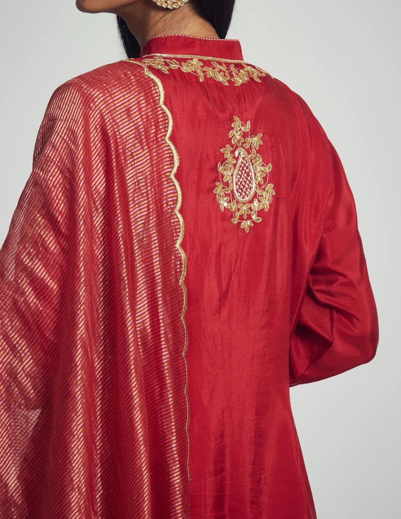 Nasira Short Kurta with Salwar and Dupatta-Deep red silk by SHEETAL BATRA in red color for women Worldwide