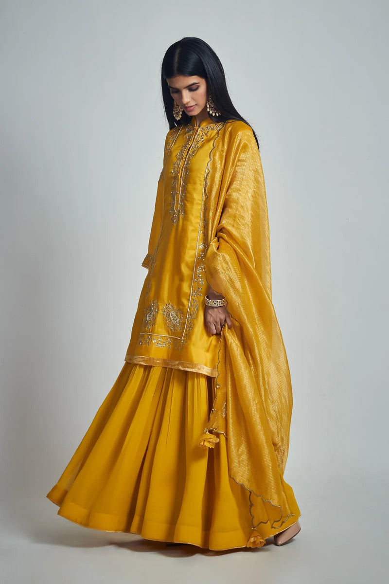 Nasira Short Kurta with Salwar and Dupatta-Happy Mustard silk by SHEETAL BATRA in mustard color for women Worldwide