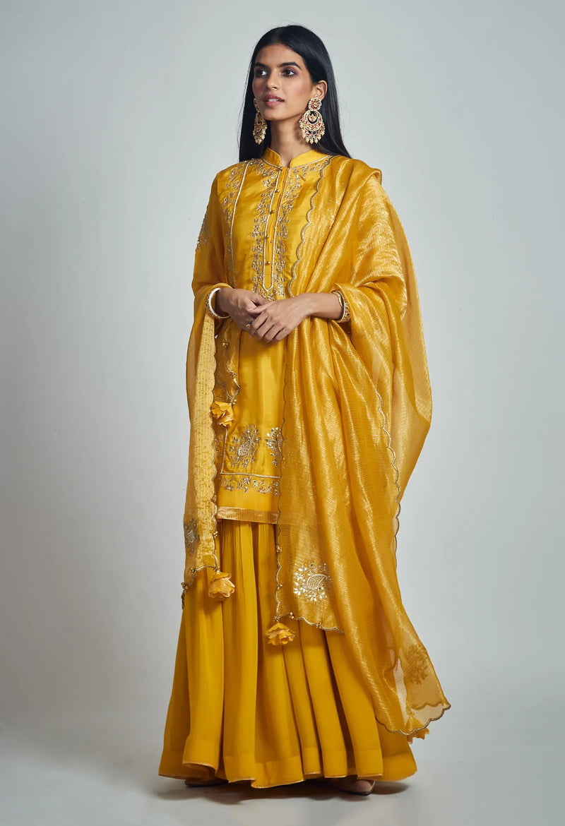 Nasira Short Kurta with Salwar and Dupatta-Happy Mustard silk by SHEETAL BATRA in mustard color for women Worldwide