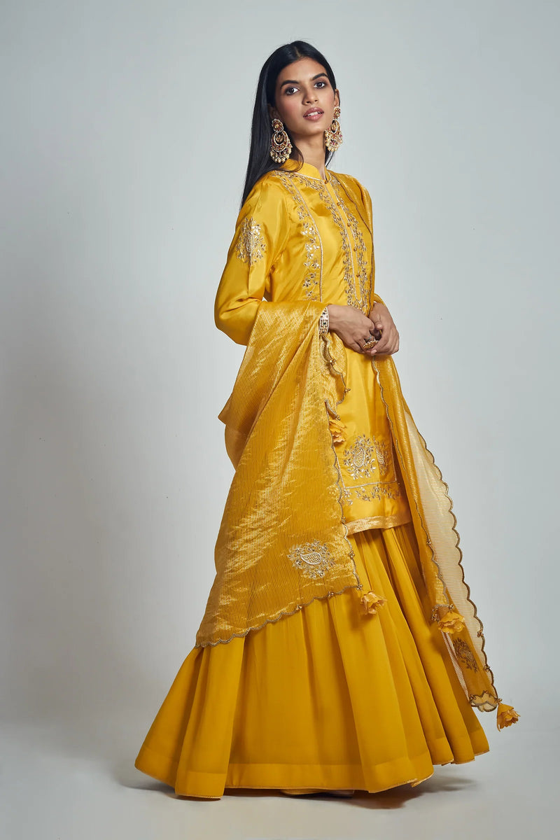 Nasira Short Kurta with Salwar and Dupatta-Happy Mustard silk by SHEETAL BATRA in mustard color for women Worldwide