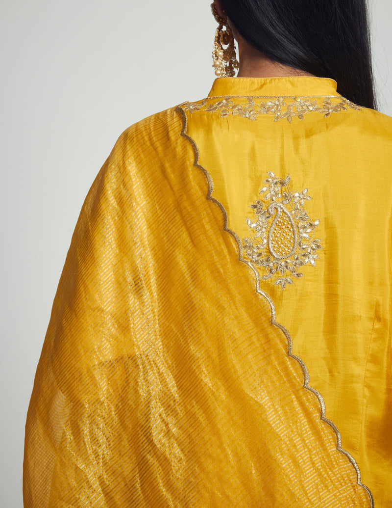 Nasira Short Kurta with Salwar and Dupatta-Happy Mustard silk by SHEETAL BATRA in mustard color for women Worldwide