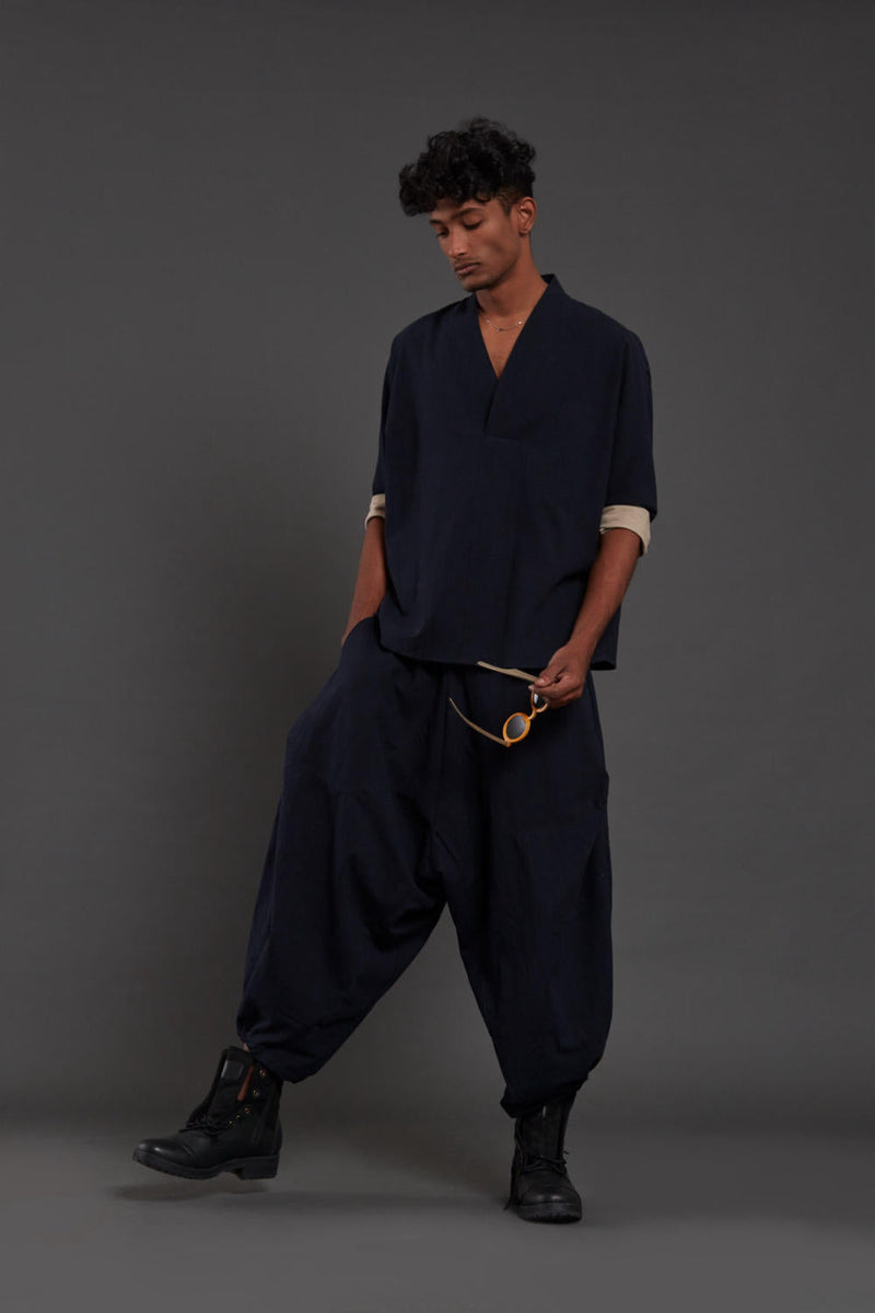 Navy Blue Overlap Shirt & Baggy Pants