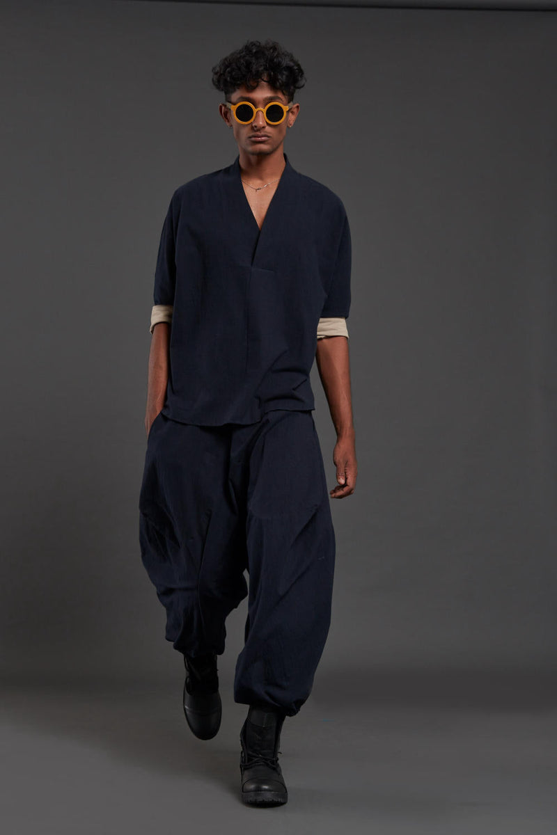 Navy Blue Overlap Shirt & Baggy Pants