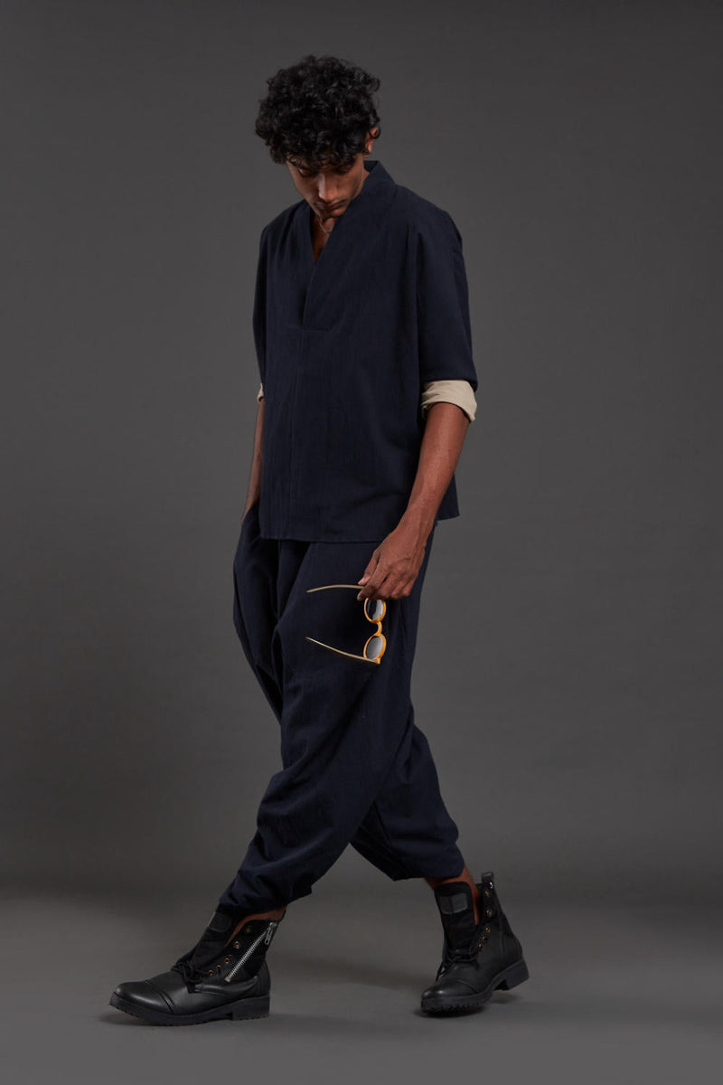 Navy Blue Overlap Shirt & Baggy Pants