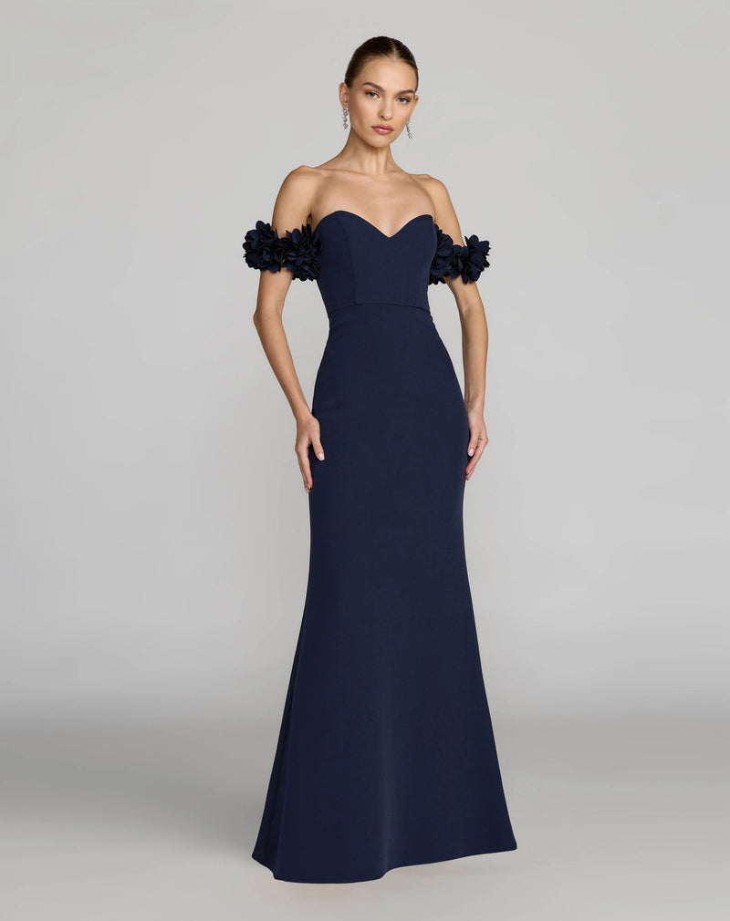 56131-Navy Crepe Off The Shoulder Gown With 3D Flowers polyester evening-gowns by Mac Duggal in blue for women Worldwide