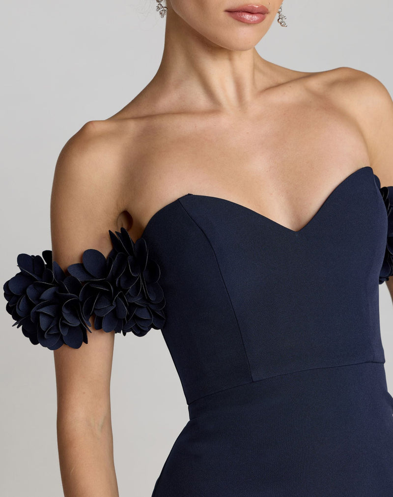 56131-Navy Crepe Off The Shoulder Gown With 3D Flowers polyester evening-gowns by Mac Duggal in blue for women Worldwide
