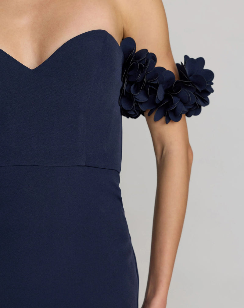 56131-Navy Crepe Off The Shoulder Gown With 3D Flowers polyester evening-gowns by Mac Duggal in blue for women Worldwide