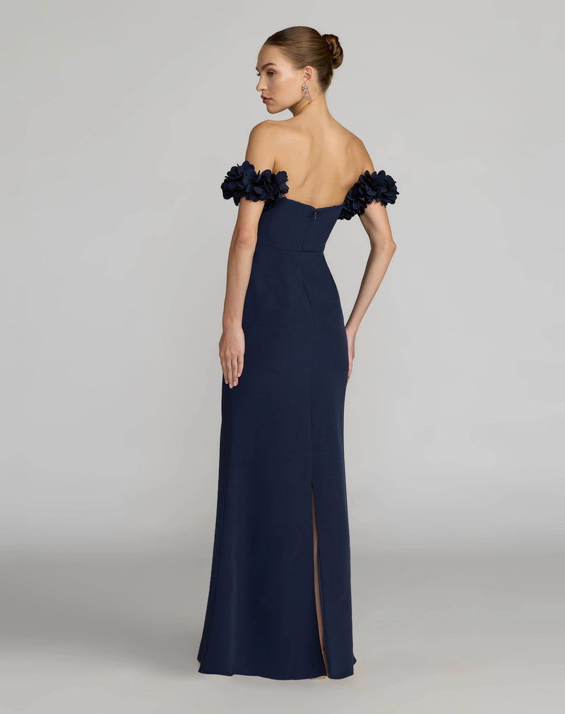 56131-Navy Crepe Off The Shoulder Gown With 3D Flowers polyester evening-gowns by Mac Duggal in blue for women Worldwide
