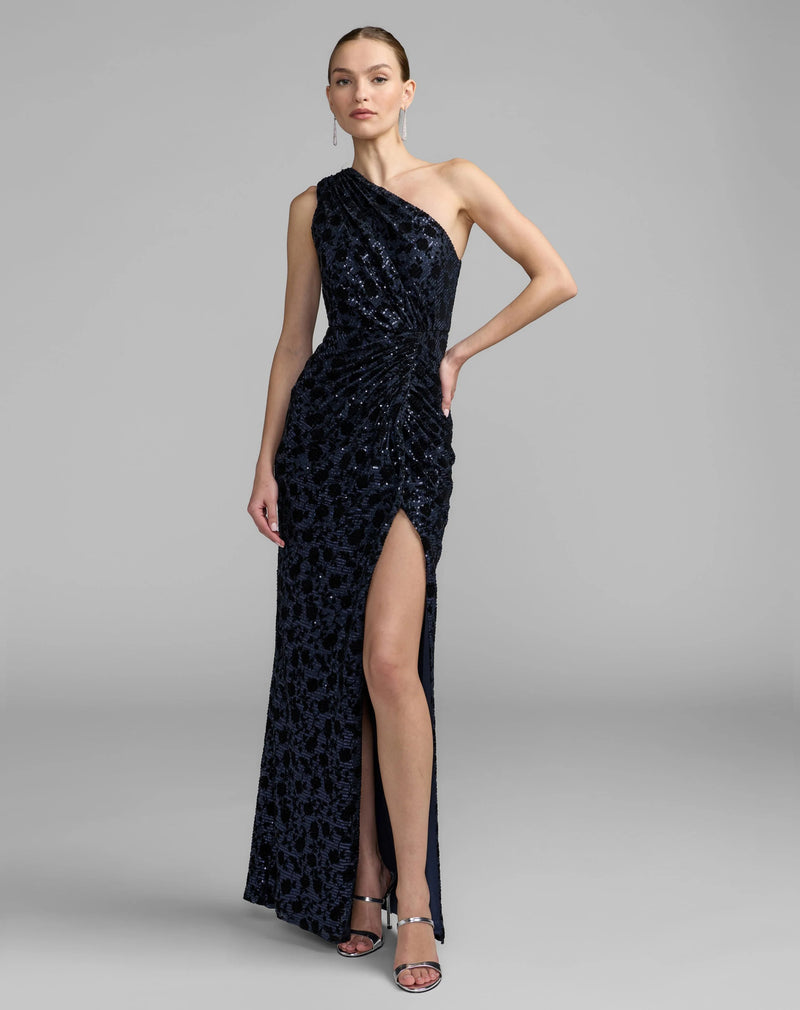 27900-Navy Floral One Shoulder Sequin Gown With Slit polyester evening-gowns by Mac Duggal in blue for women Worldwide