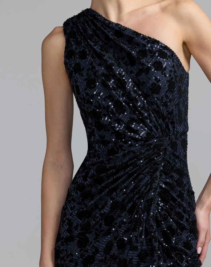 27900-Navy Floral One Shoulder Sequin Gown With Slit polyester evening-gowns by Mac Duggal in blue for women Worldwide