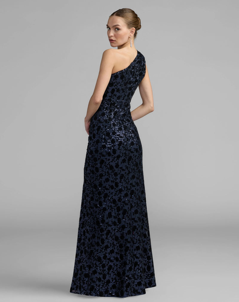 27900-Navy Floral One Shoulder Sequin Gown With Slit polyester evening-gowns by Mac Duggal in blue for women Worldwide
