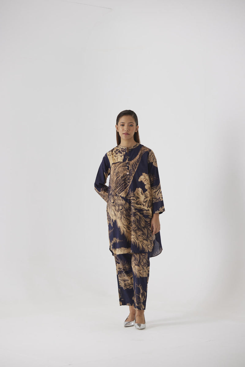 NAVY MORNI SHORT KURTA SET cotton by Yam in navy color for women Worldwide
