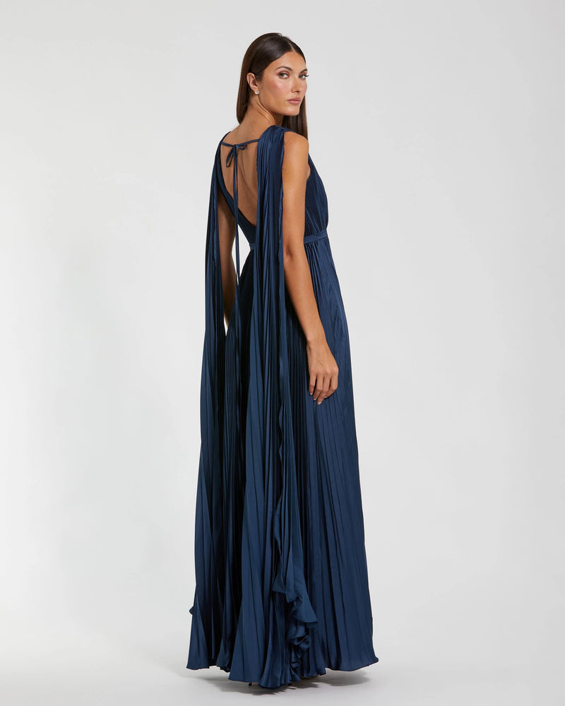 49716-Navy Pleated Cape Back Gown polyester evening-gowns by Mac Duggal in blue for women Worldwide