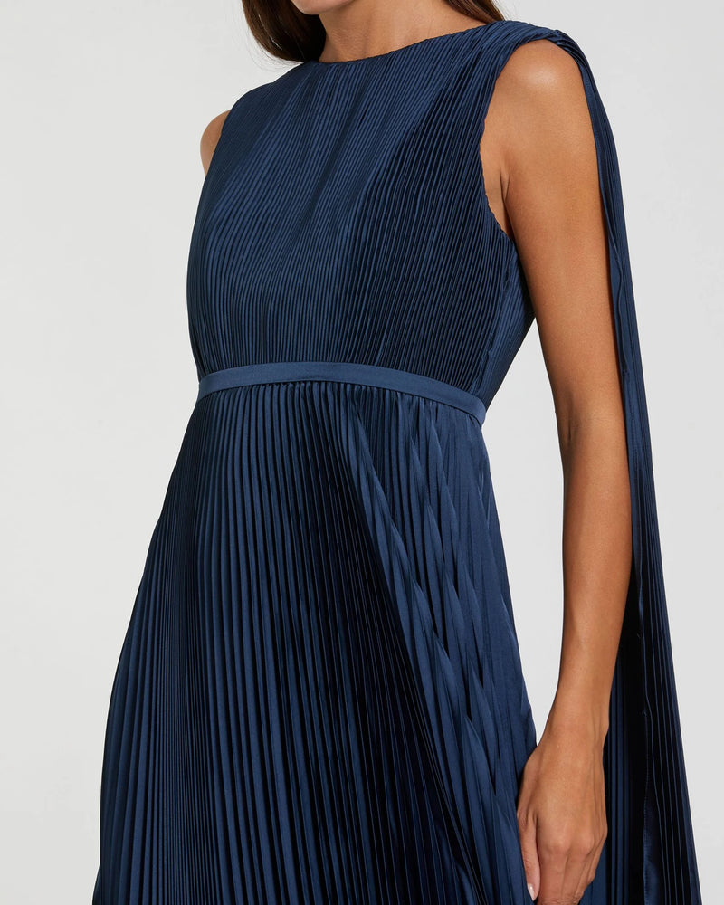 49716-Navy Pleated Cape Back Gown polyester evening-gowns by Mac Duggal in blue for women Worldwide