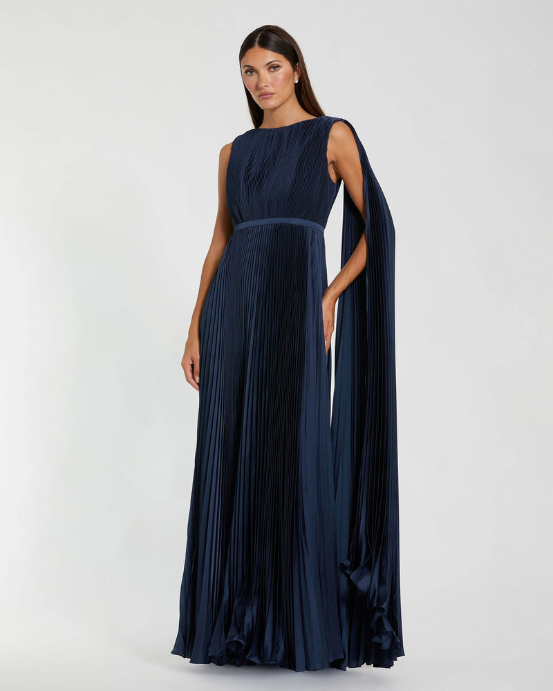 49716-Navy Pleated Cape Back Gown polyester evening-gowns by Mac Duggal in blue for women Worldwide