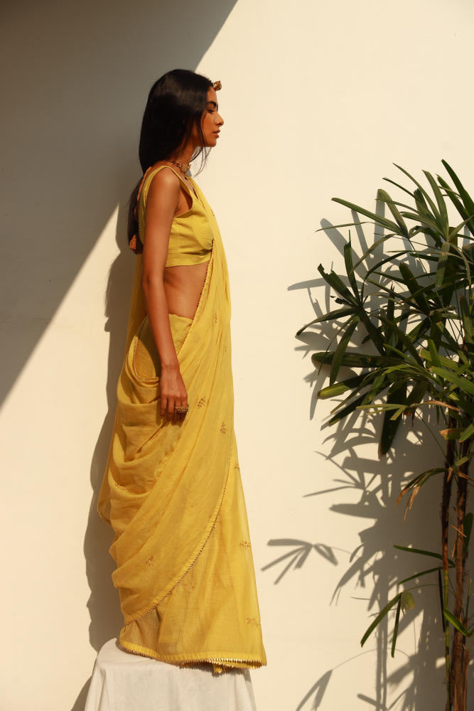 Nazaqat sari Saree by Khara Kapas in yellow for women Worldwide