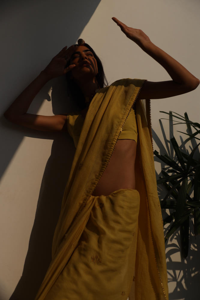 Nazaqat sari Saree by Khara Kapas in yellow for women Worldwide