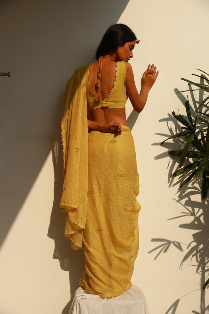 Nazaqat sari Saree by Khara Kapas in yellow for women Worldwide