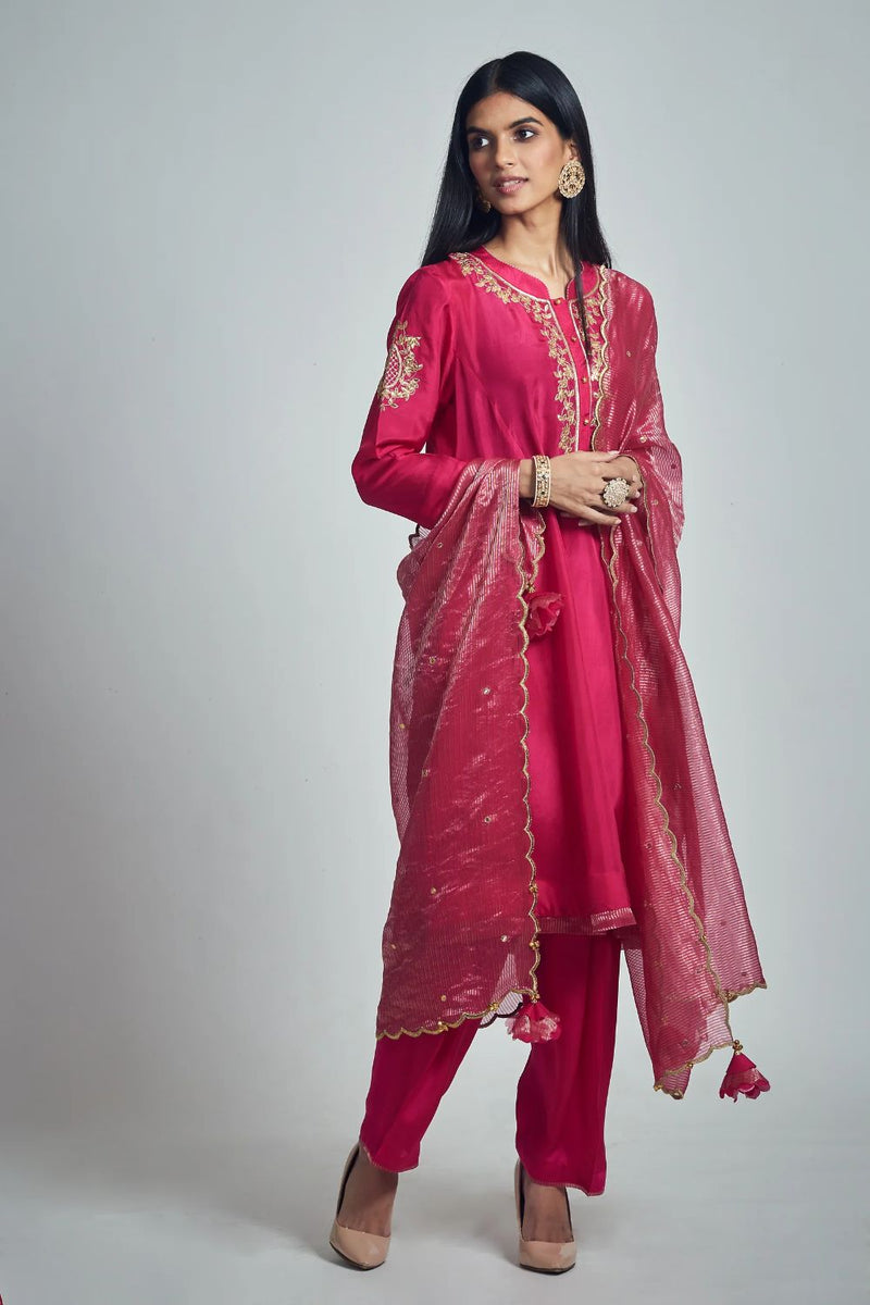 Nazish Short Kurta with Salwar and Dupatta-Hot Pink silk by SHEETAL BATRA in pink color for women Worldwide