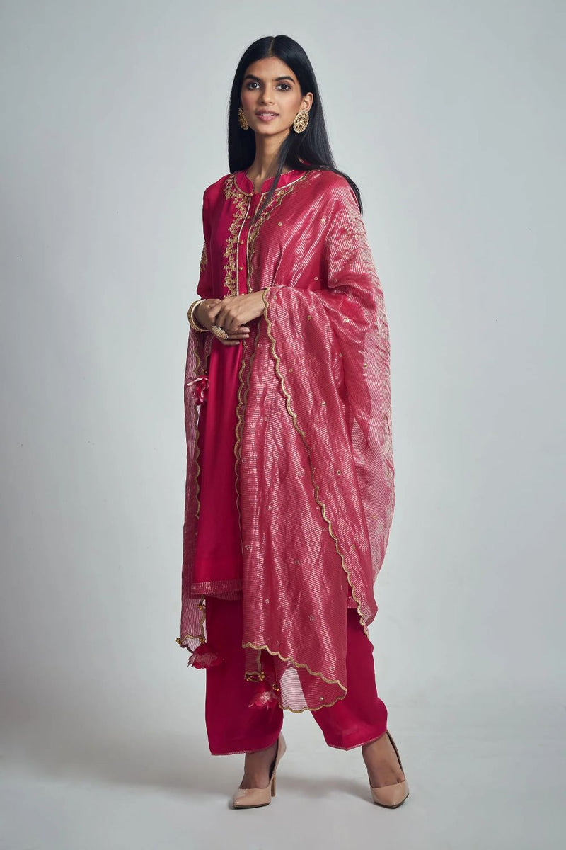 Nazish Short Kurta with Salwar and Dupatta-Hot Pink silk by SHEETAL BATRA in pink color for women Worldwide