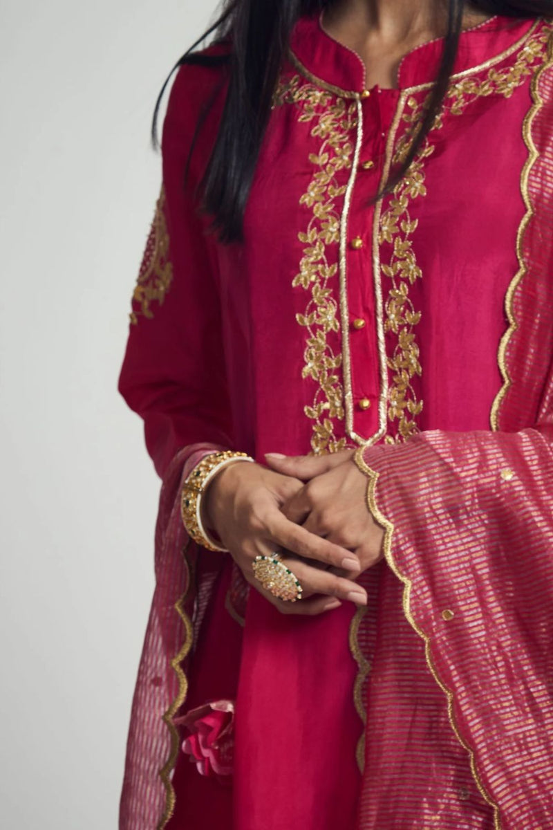 Nazish Short Kurta with Salwar and Dupatta-Hot Pink silk by SHEETAL BATRA in pink color for women Worldwide
