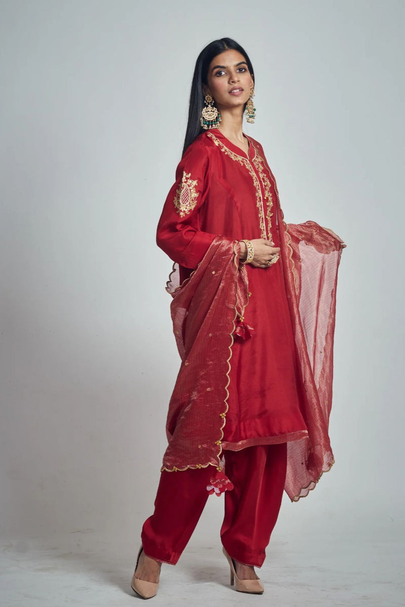 Nazish Short Kurta with Salwar and Dupatta-Deep red silk by SHEETAL BATRA in red color for women Worldwide