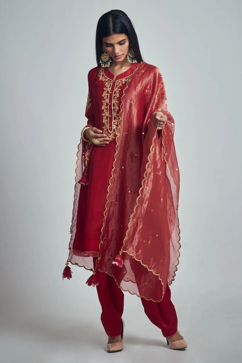 Nazish Short Kurta with Salwar and Dupatta-Deep red silk by SHEETAL BATRA in red color for women Worldwide