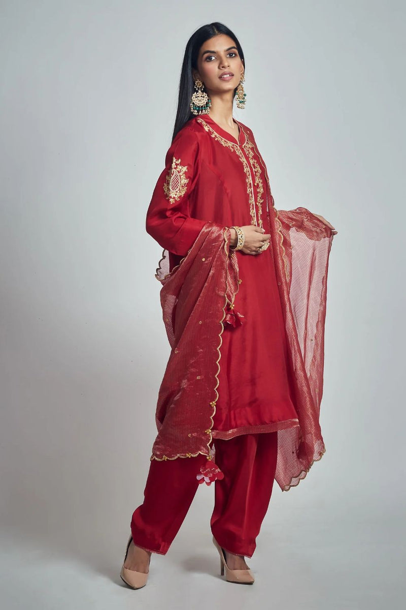 Nazish Short Kurta with Salwar and Dupatta-Deep red silk by SHEETAL BATRA in red color for women Worldwide