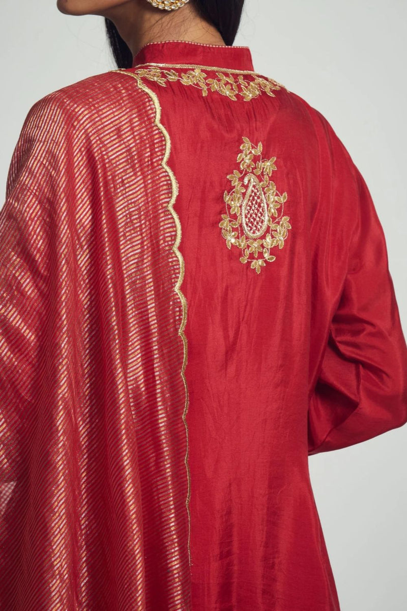 Nazish Short Kurta with Salwar and Dupatta-Deep red silk by SHEETAL BATRA in red color for women Worldwide