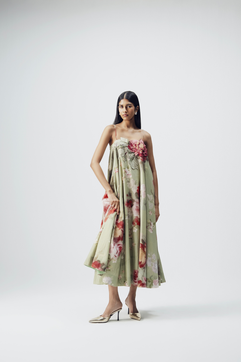 Roos Patchwork Dress satin by YAM in green color for women Worldwide