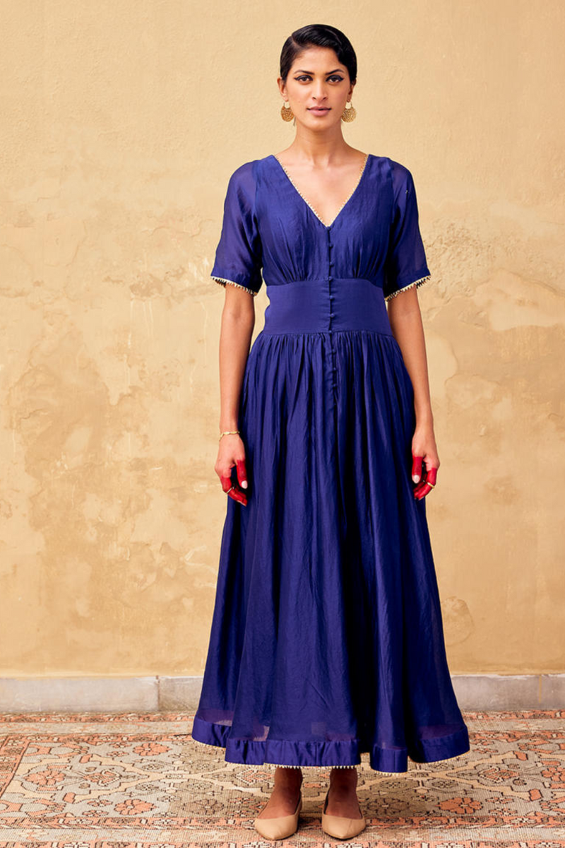 Neelam Dress chanderi by Khara Kapas in blue for women Worldwide