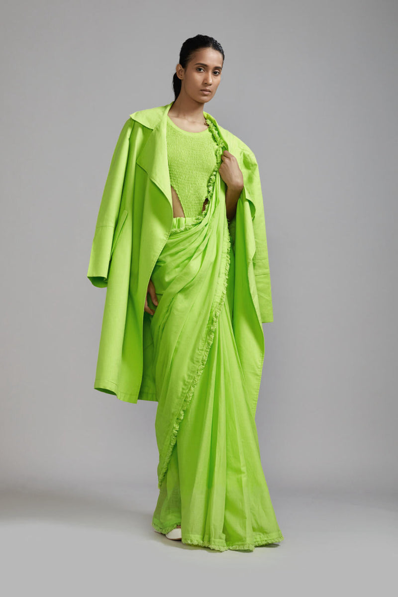 Neon Green Fringed Saree cotton Saree by Mati in green color for women Worldwide
