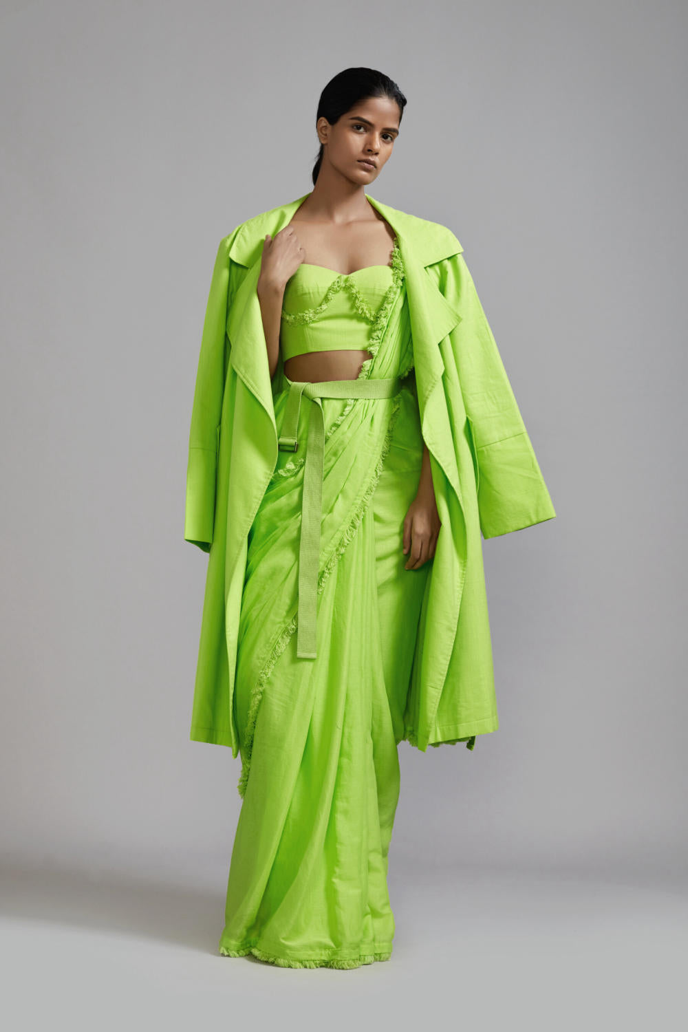 Neon Green Fringed Saree-Corset-Jacket Set (3 PCS)