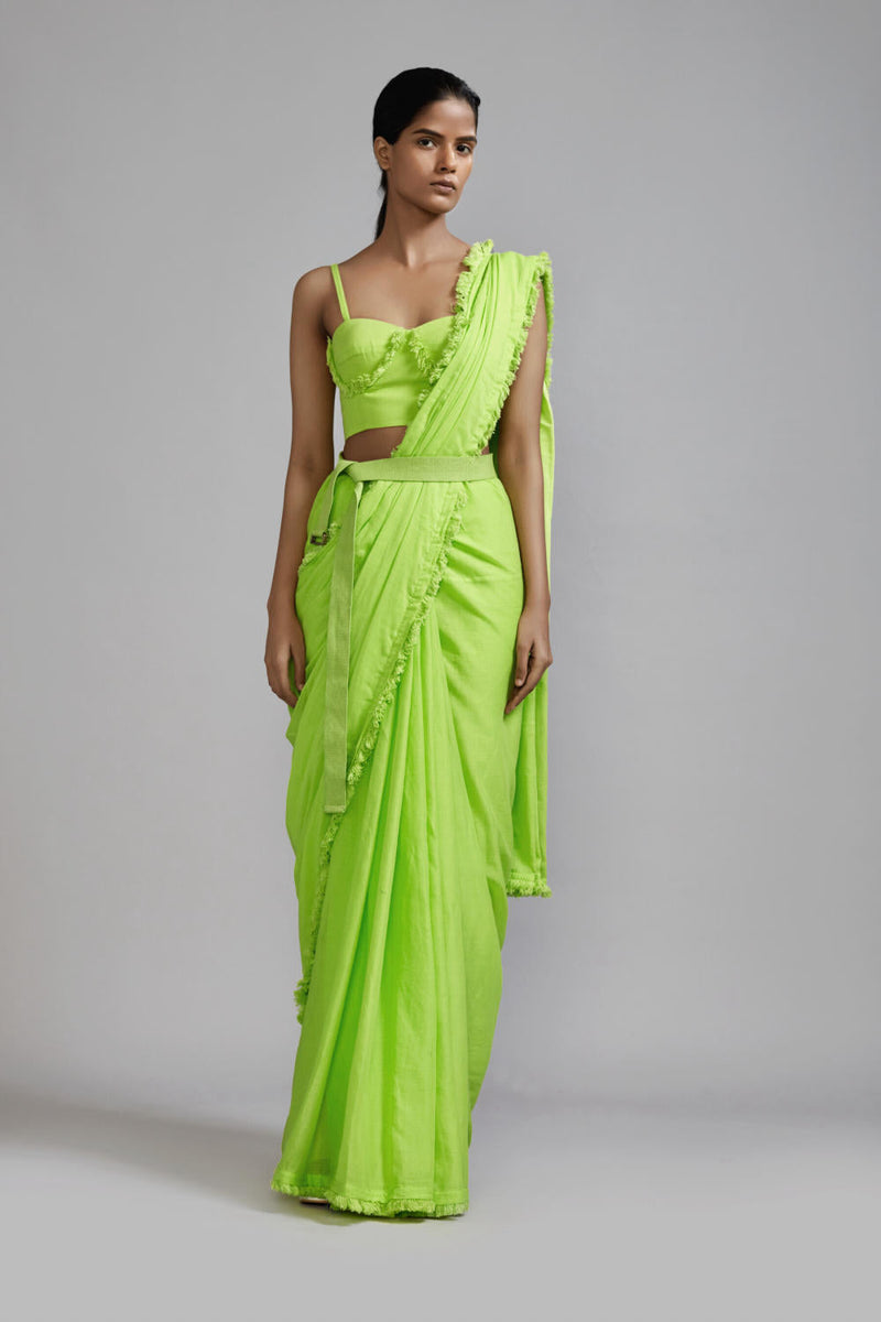 Neon Green Fringed Saree cotton Saree by Mati in green color for women Worldwide