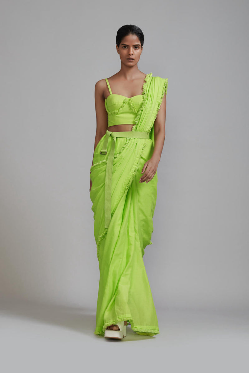 Neon Green Fringed Saree cotton Saree by Mati in green color for women Worldwide
