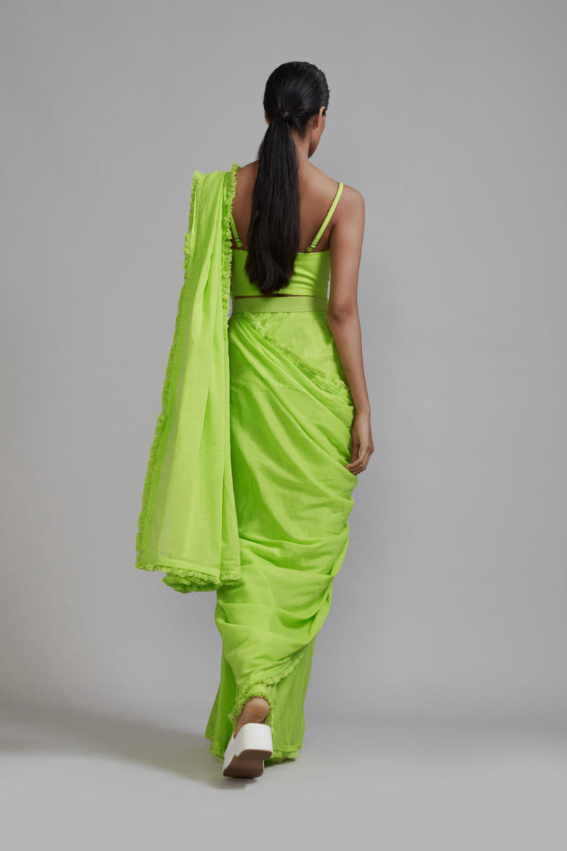 Neon Green Fringed Saree cotton Saree by Mati in green color for women Worldwide