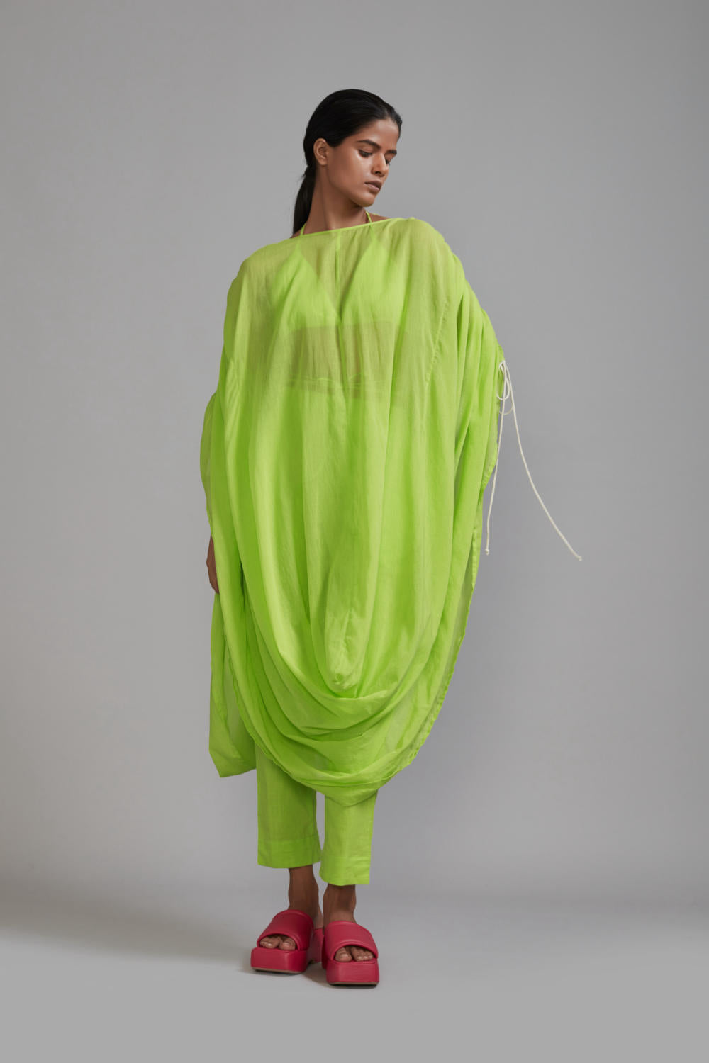 Neon Green Gathered Cowl Tunic Set (3 PCS)