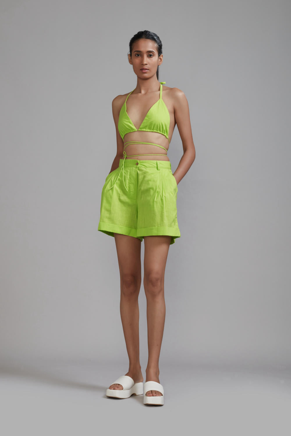 Neon Green Overlap Bralette & Shorts Set (2 PCS)