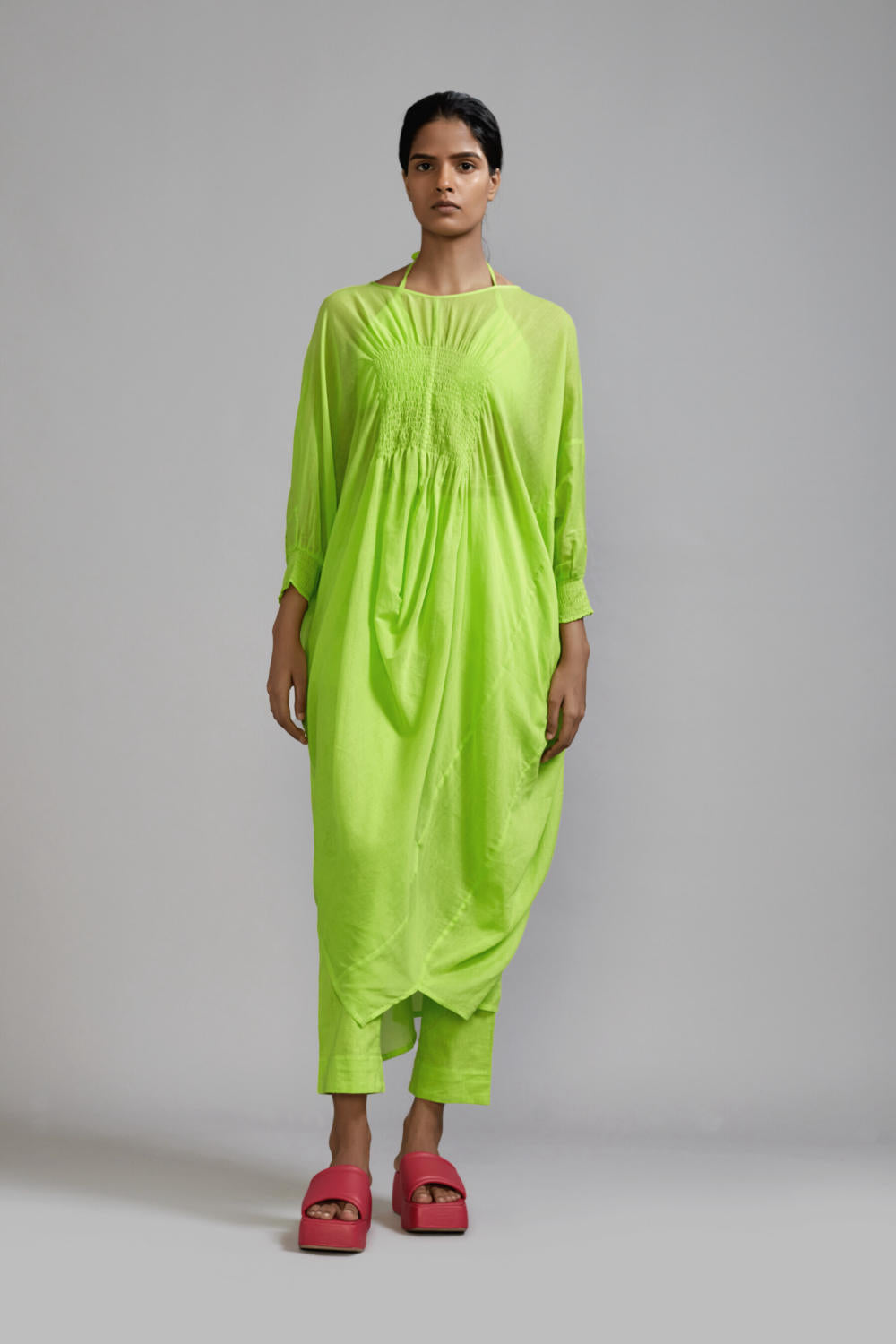 Neon Green Smocked Cowl Tunic