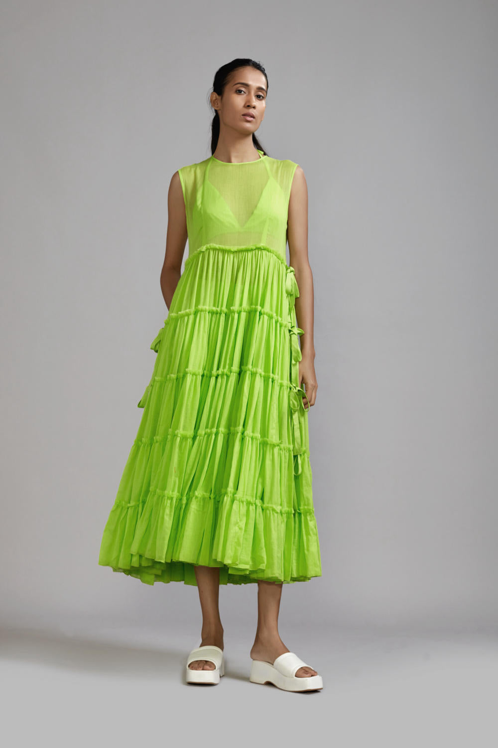 Neon Green Tiered Tie Tunic Set (3 PCS)