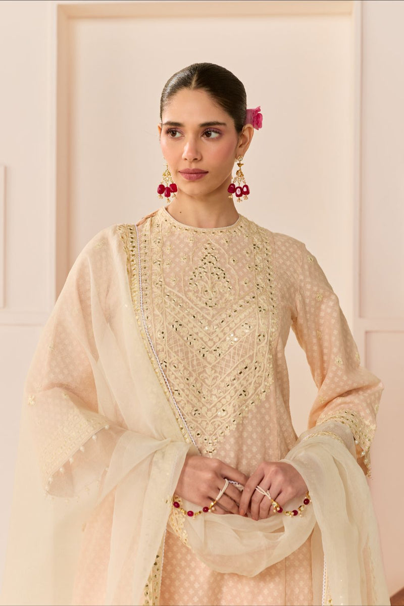 NIDA - CARNATION PINK SHORT CHOGA WITH FARSHI SALWAR chanderi silk kurta/kurta set by SHEETAL BATRA in carnation pink with daisy ivory for women Worldwide