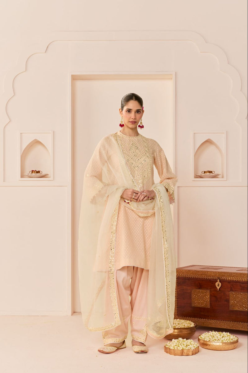 NIDA - CARNATION PINK SHORT CHOGA WITH FARSHI SALWAR chanderi silk kurta/kurta set by SHEETAL BATRA in carnation pink with daisy ivory for women Worldwide