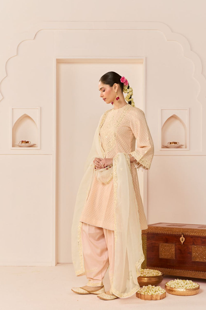 NIDA - CARNATION PINK SHORT CHOGA WITH FARSHI SALWAR chanderi silk kurta/kurta set by SHEETAL BATRA in carnation pink with daisy ivory for women Worldwide