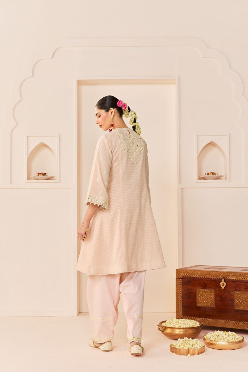NIDA - CARNATION PINK SHORT CHOGA WITH FARSHI SALWAR chanderi silk kurta/kurta set by SHEETAL BATRA in carnation pink with daisy ivory for women Worldwide
