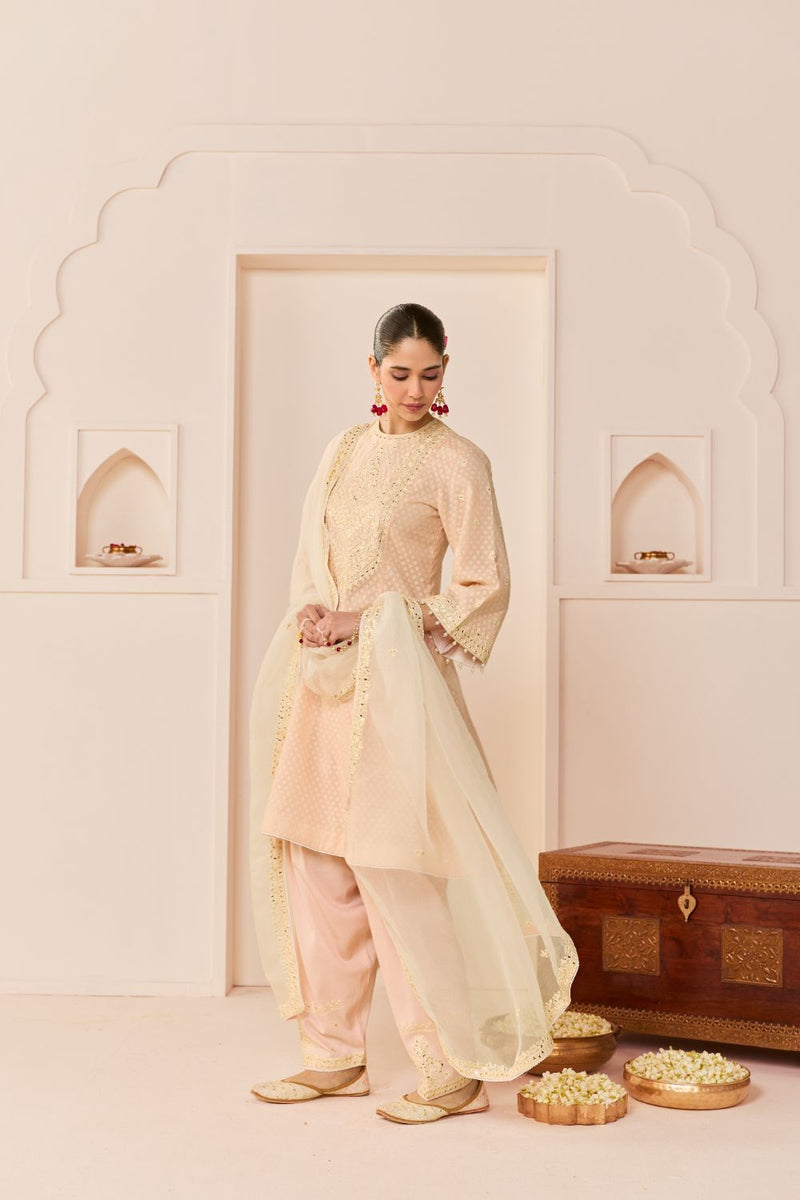 NIDA - CARNATION PINK SHORT CHOGA WITH FARSHI SALWAR chanderi silk kurta/kurta set by SHEETAL BATRA in carnation pink with daisy ivory for women Worldwide