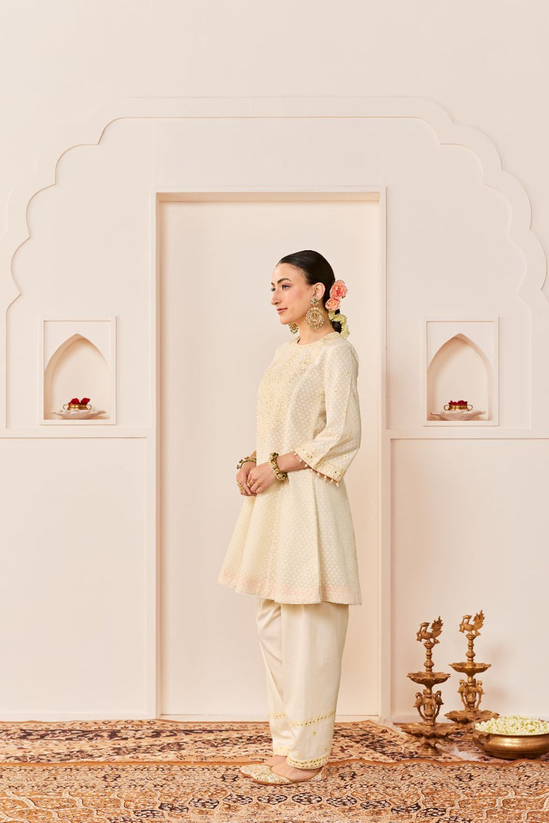 NIDA - DAISY IVORY SHORT CHOGA WITH FARSHI SALWAR chanderi silk kurta/kurta set by SHEETAL BATRA in daisy ivory with carnation pink for women Worldwide