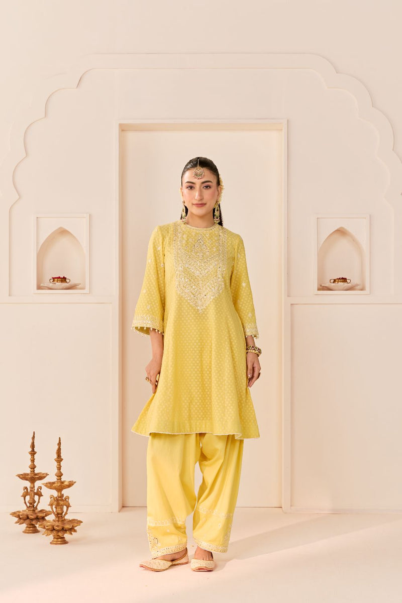 NIDA - LEMON YELLOW SHORT CHOGA WITH FARSHI SALWAR chanderi silk kurta/kurta set by SHEETAL BATRA in lemon yellow with mint green for women Worldwide